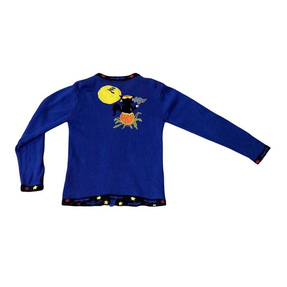Vintage Quacker Factory Halloween Sweater Cardigan Med Black Cat Pumpkins Moon - Picture 3 of 8